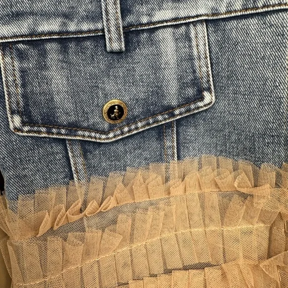 NWT Mesh Layer Bomber Jacket Denim and Tan Ruffle Jacket - Picture 5 of 13